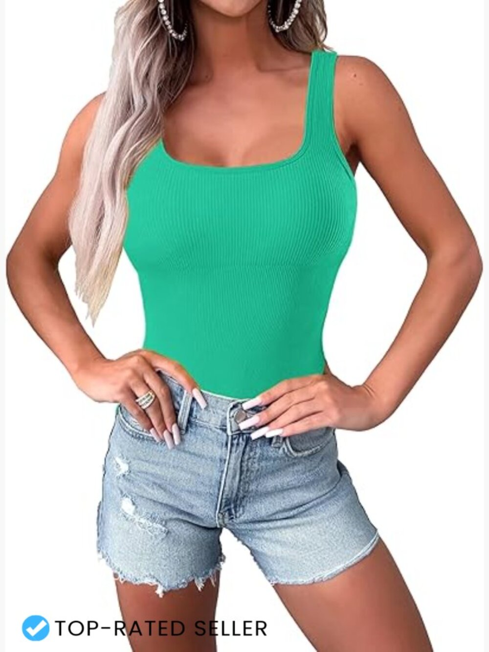 Sleeveless Ribbed Bodysuit Square Neck Tank Top Trendy One Piece Outfit